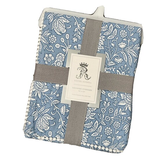 Rachel Ashwell Tillie Jacobean With Lace Fabric Shower Curtain Blue Floral New - Picture 1 of 7